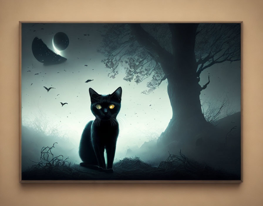 Illustration of black cat with glowing eyes under tree in misty landscape