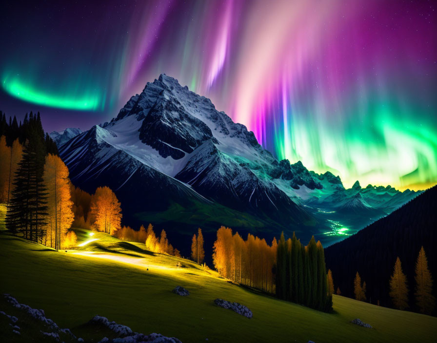 Majestic snowy mountain with vibrant aurora borealis