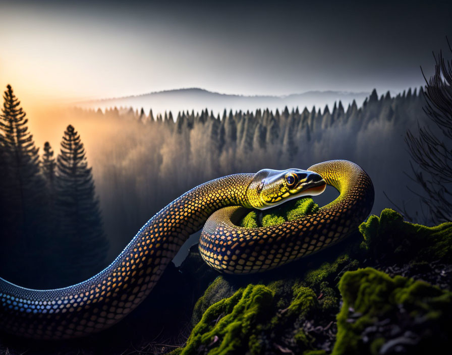 Snake coiled on mossy ground in misty forest at sunrise