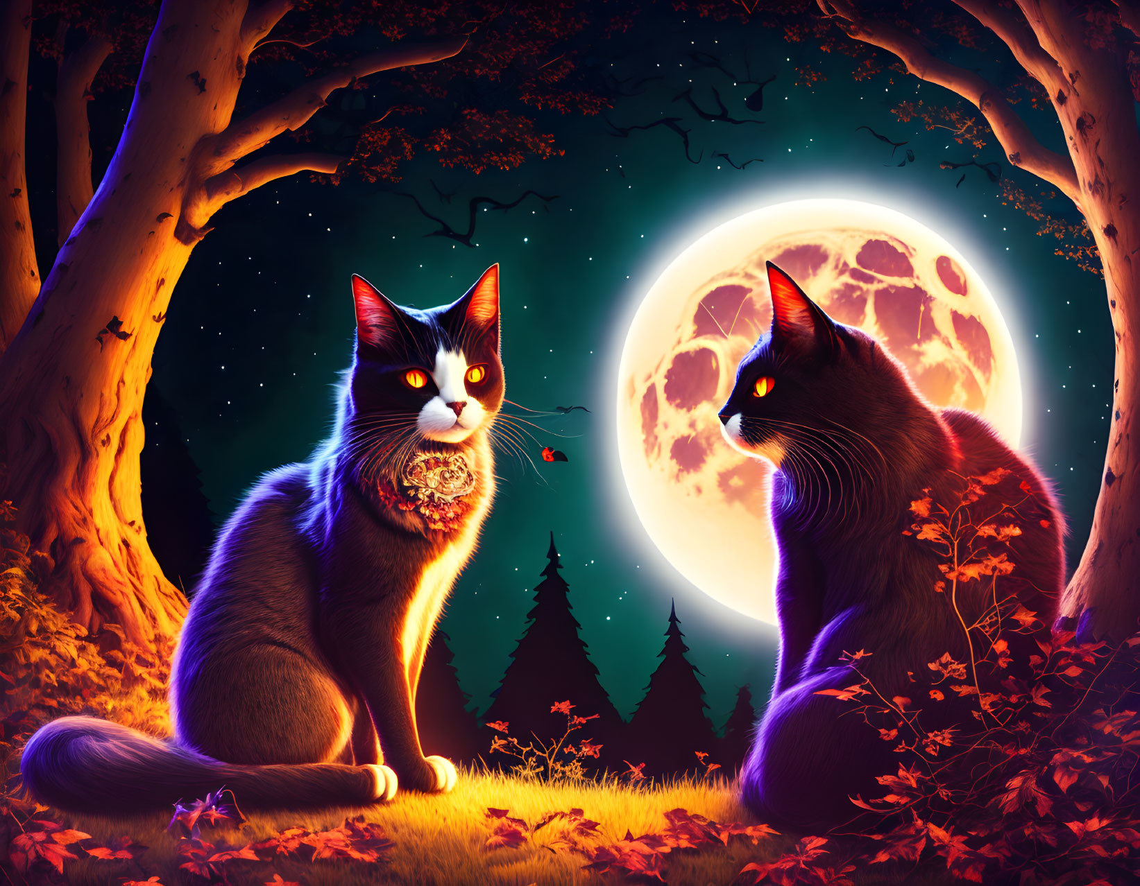 Mystical forest night scene with two cats, moon, autumn leaves, and trees