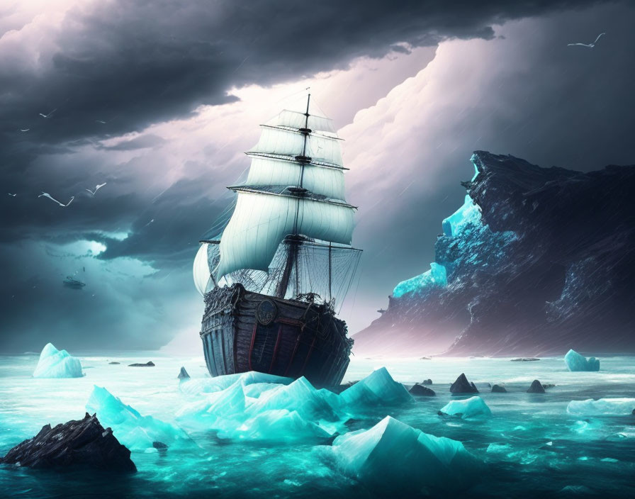 Sailing ship in icy waters near glaciers under stormy sky