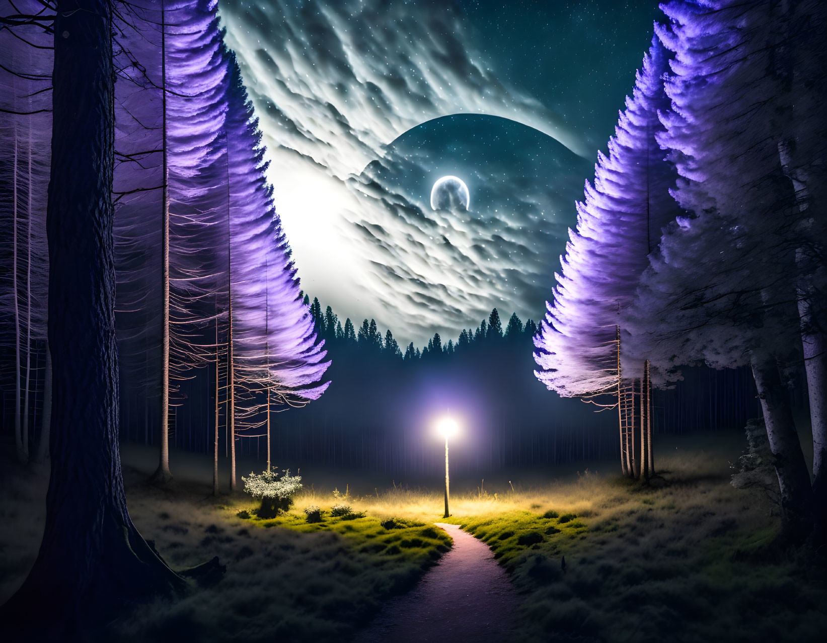 Enchanting forest path with glowing lamp post and purple-lit trees