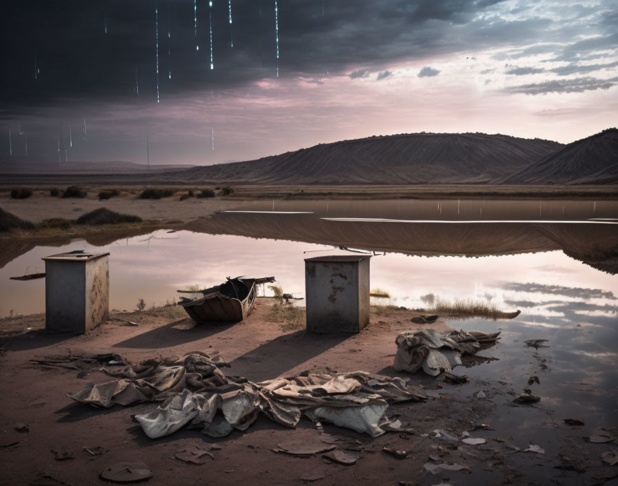 Tranquil twilight lake scene with structures, rowboat, and debris at dusk