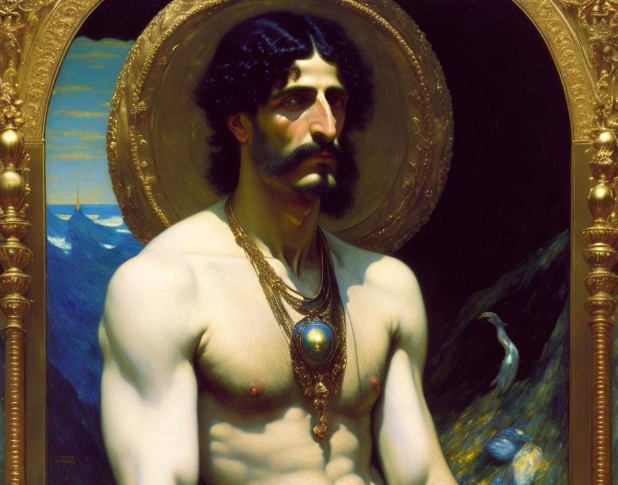 Bare-chested man with mustache and pendant in ornate frame, ship and sea background