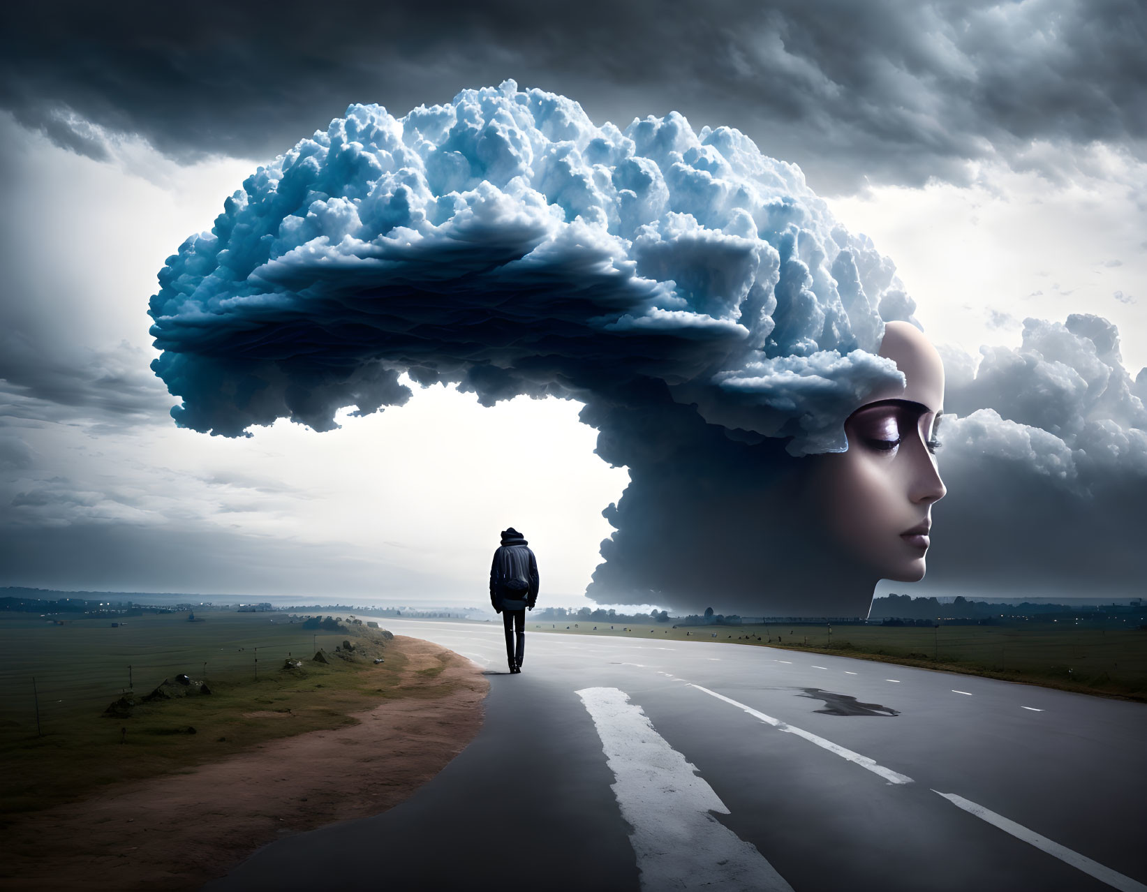 Person Walking Toward Colossal Human Head Cloud in Stormy Landscape