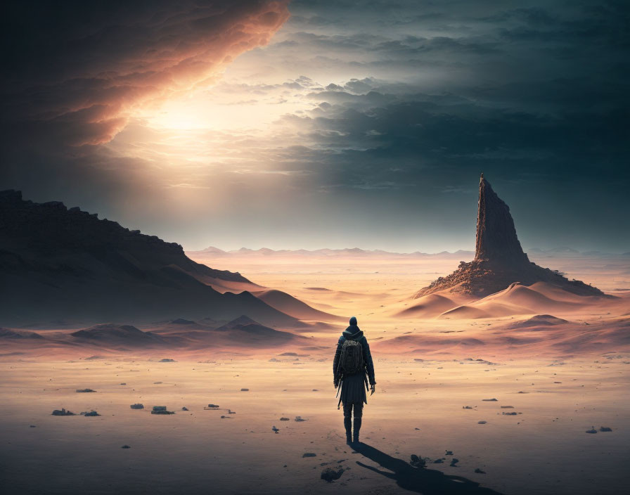 Figure walking towards towering rock in desert landscape under dramatic sky