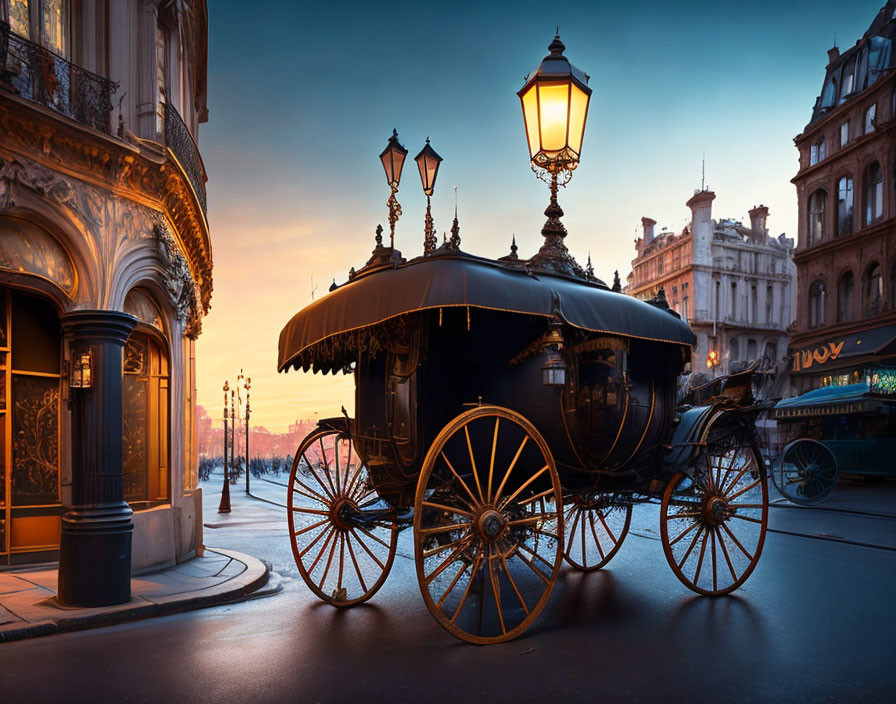 Vintage horse-drawn carriage on cobblestone street at dusk with lit street lamps and elegant buildings