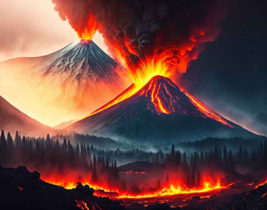 Erupting volcano with lava flows and ash plume at twilight