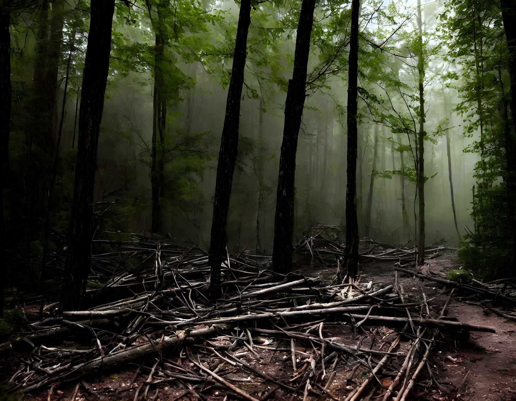 Murky forest with dense fog and fallen branches