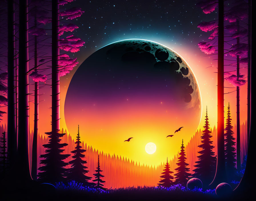 Colorful surreal sunset with moon, pine tree silhouettes, birds, and gradient sky.