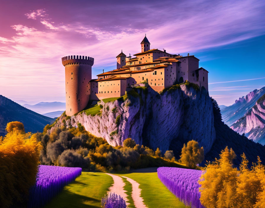 Majestic castle on hill with lavender field, mountains, and sunset sky