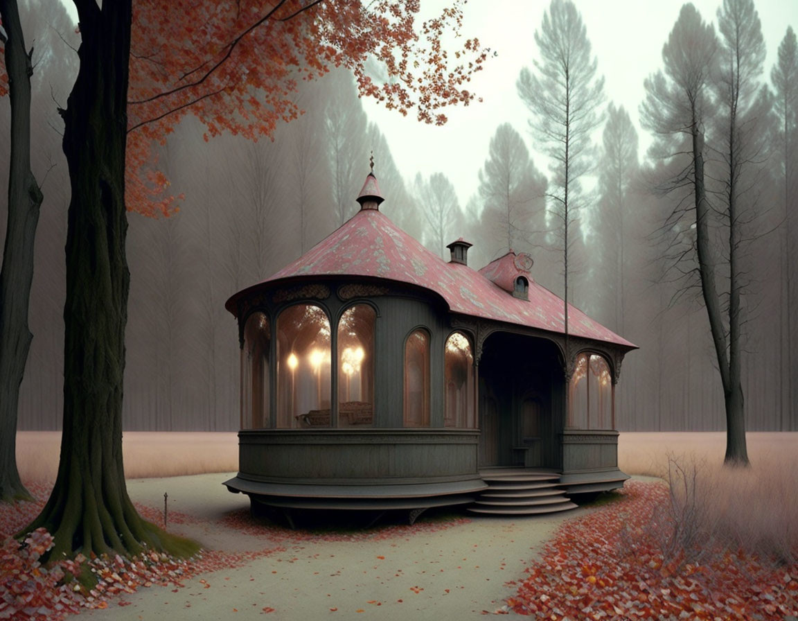 Ornate Gazebo with Glowing Lights in Foggy Autumn Forest