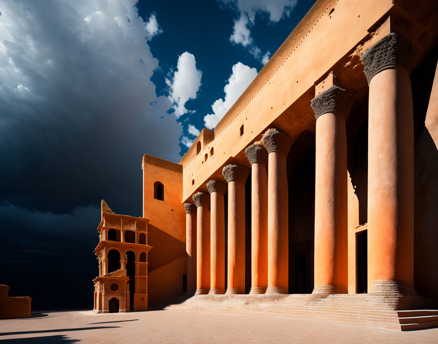 Majestic traditional building under warm sunlight and blue sky