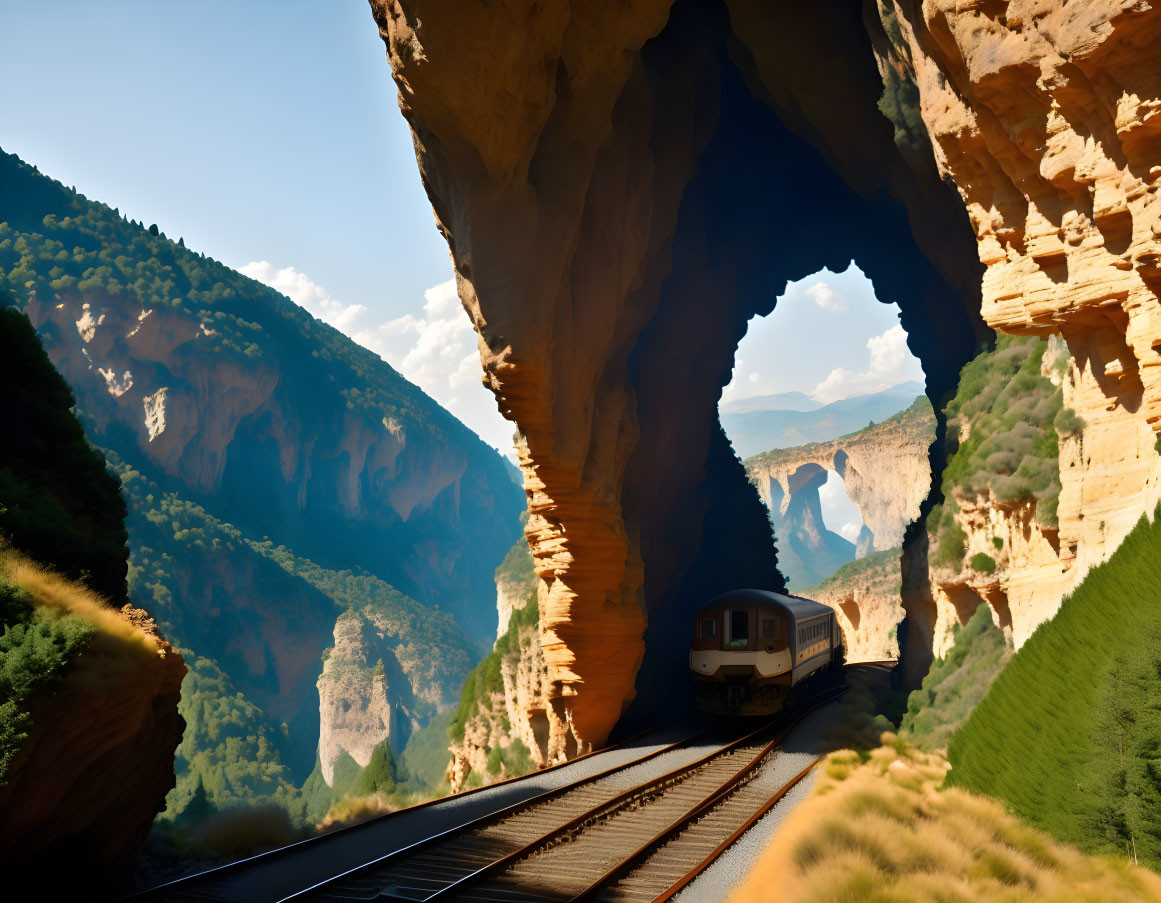 Train passing through natural rock arch with green cliffs under blue sky