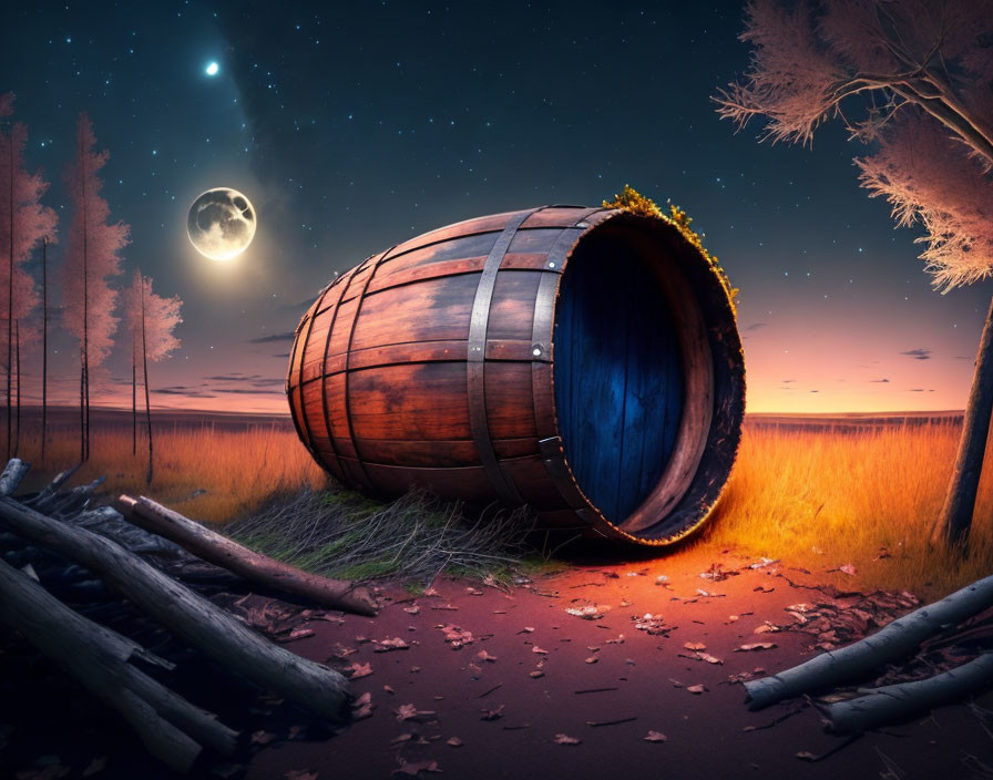 Wooden barrel under full moon in autumn forest landscape