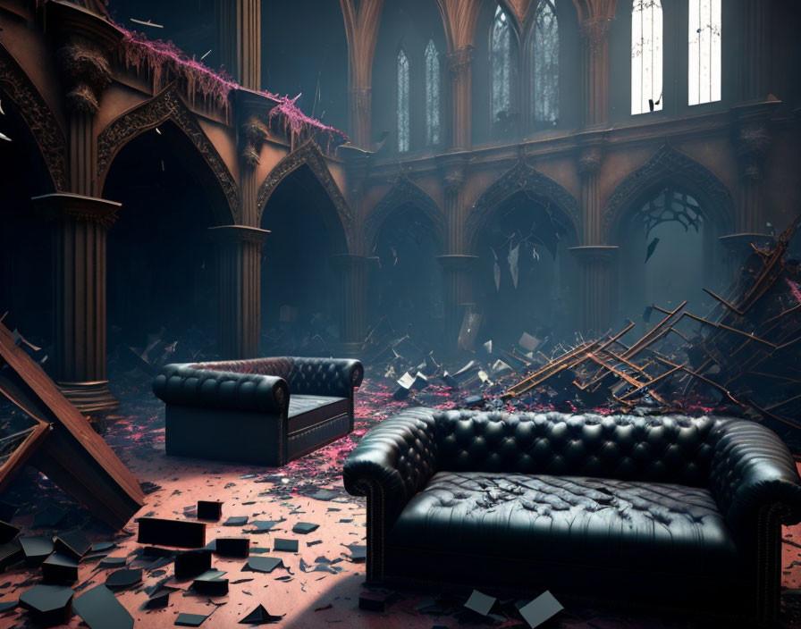 Desolate Gothic cathedral interior with debris and leather sofas under sunlight.