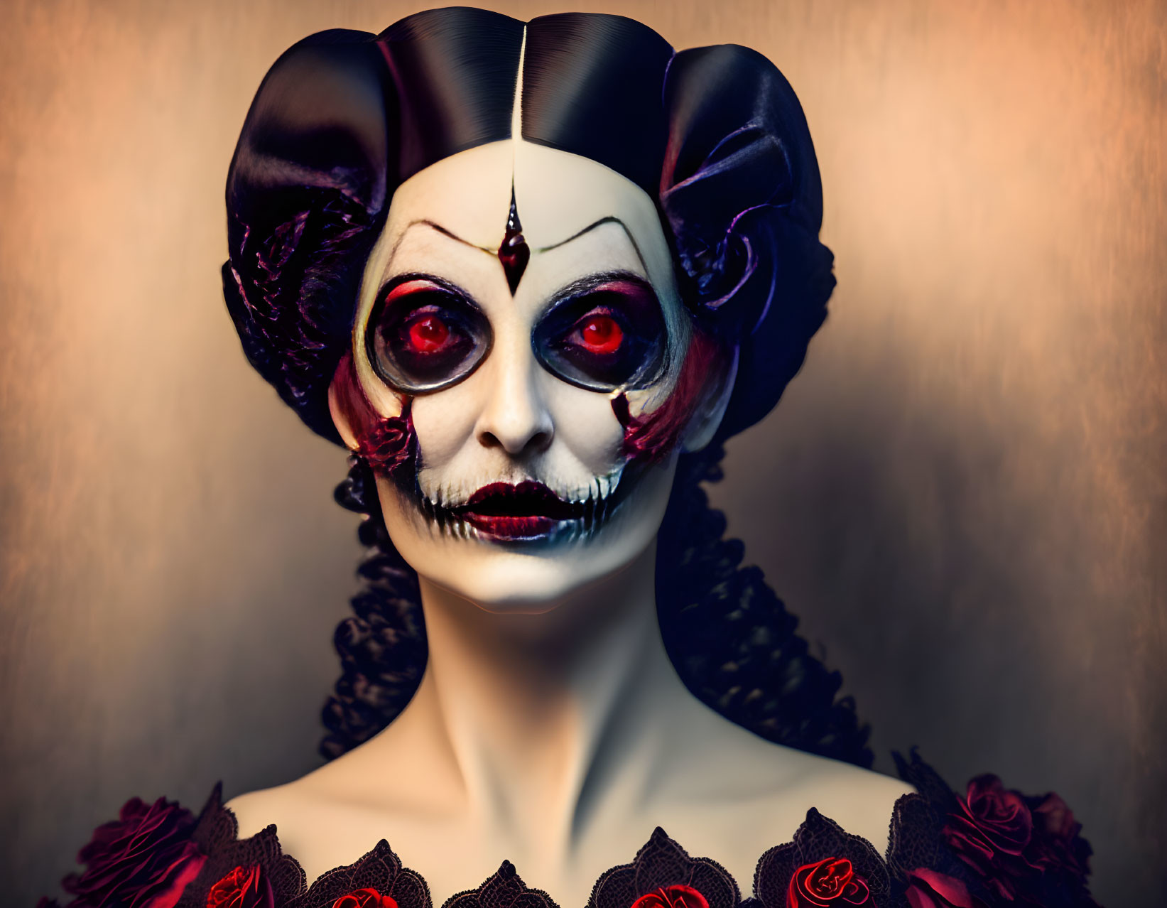 Person in dramatic skull makeup and black/red costume in Day of the Dead style on warm background