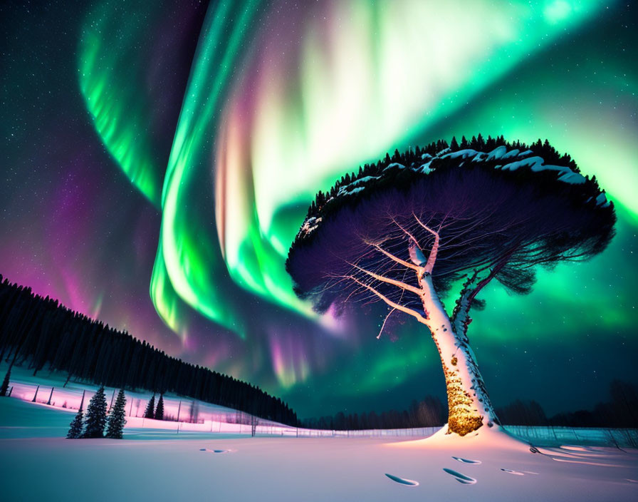 Vibrant green aurora borealis over snow-covered landscape with twisted lone tree