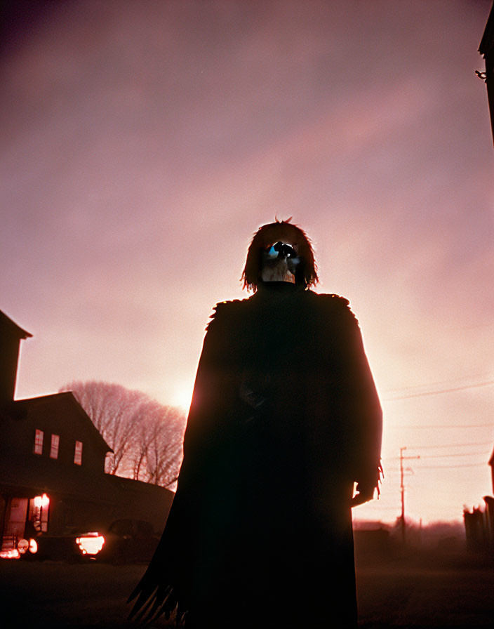 Mysterious figure in cape and glowing glasses against twilight sky