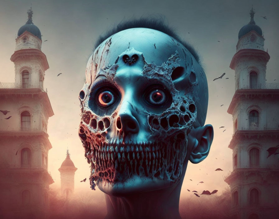 Hyperrealistic blue skull art against apocalyptic backdrop