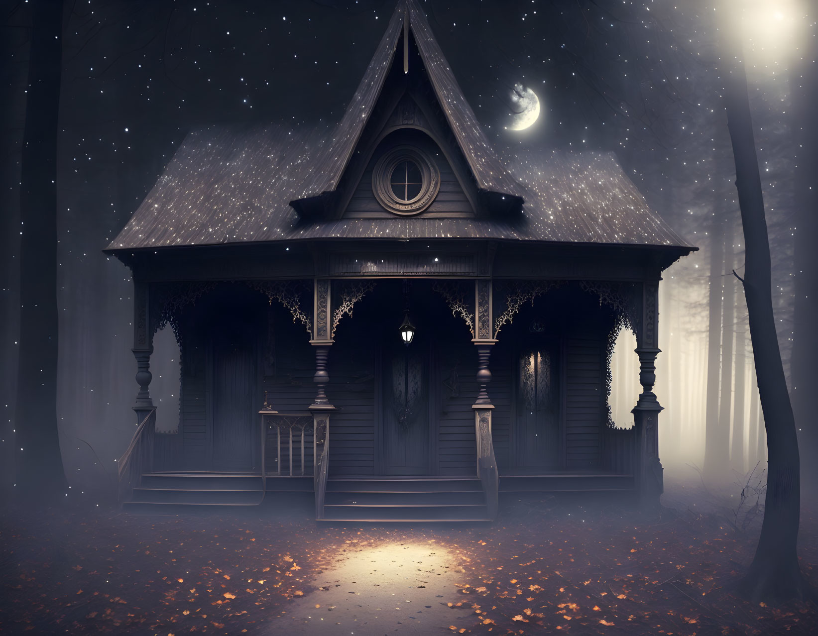 Victorian house in foggy forest with glowing path and crescent moon