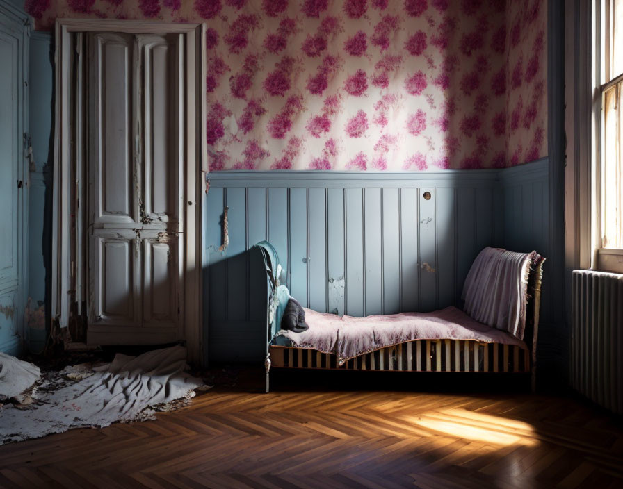 Vintage Room with Pink Wallpaper, Wooden Wainscoting, Metal Bed, Sunlight, and Pe