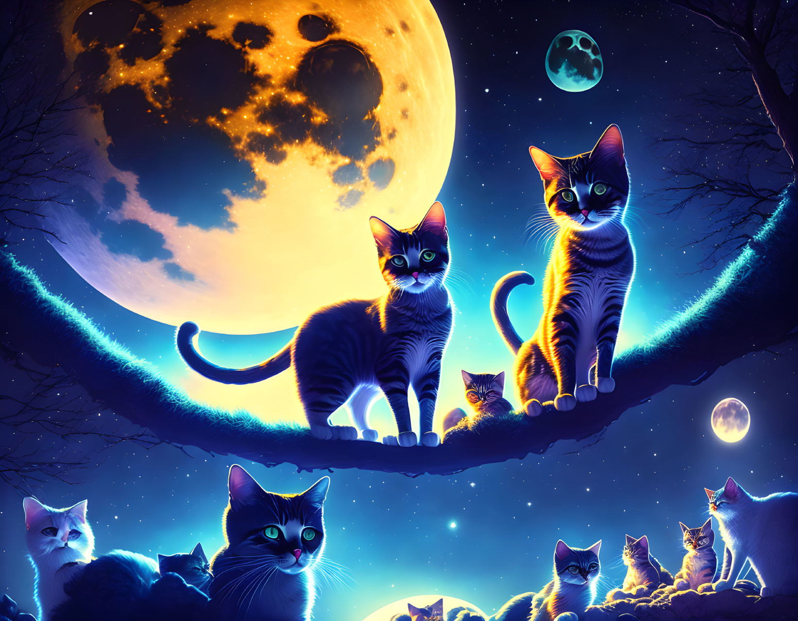 Fantasy Artwork: Cats with Glowing Eyes under Starry Sky