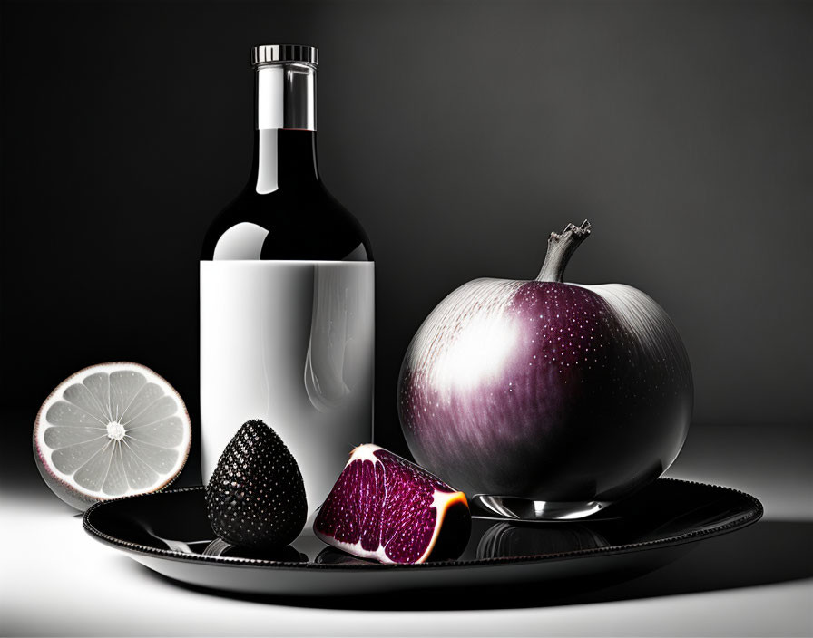 Assorted fruits and vegetables on dark tray against grey background