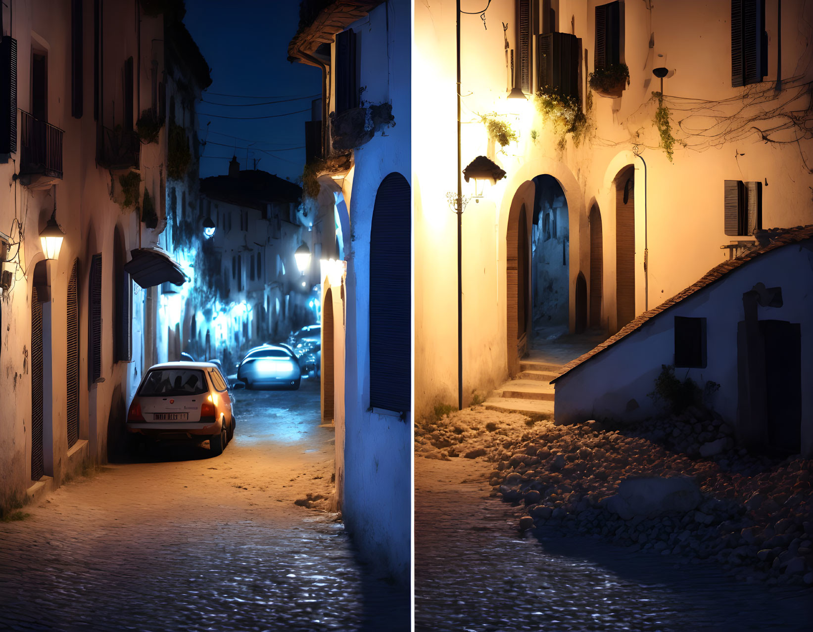 European Alley Night Scene with Cobblestone Pavement and Street Lights