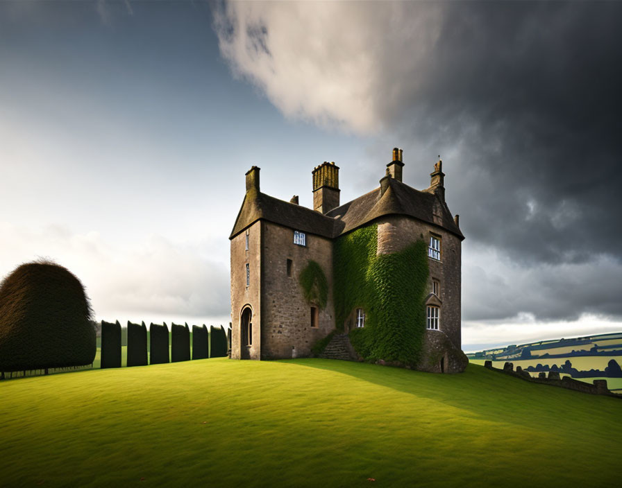 Stone castle with ivy under dramatic sky and manicured landscape