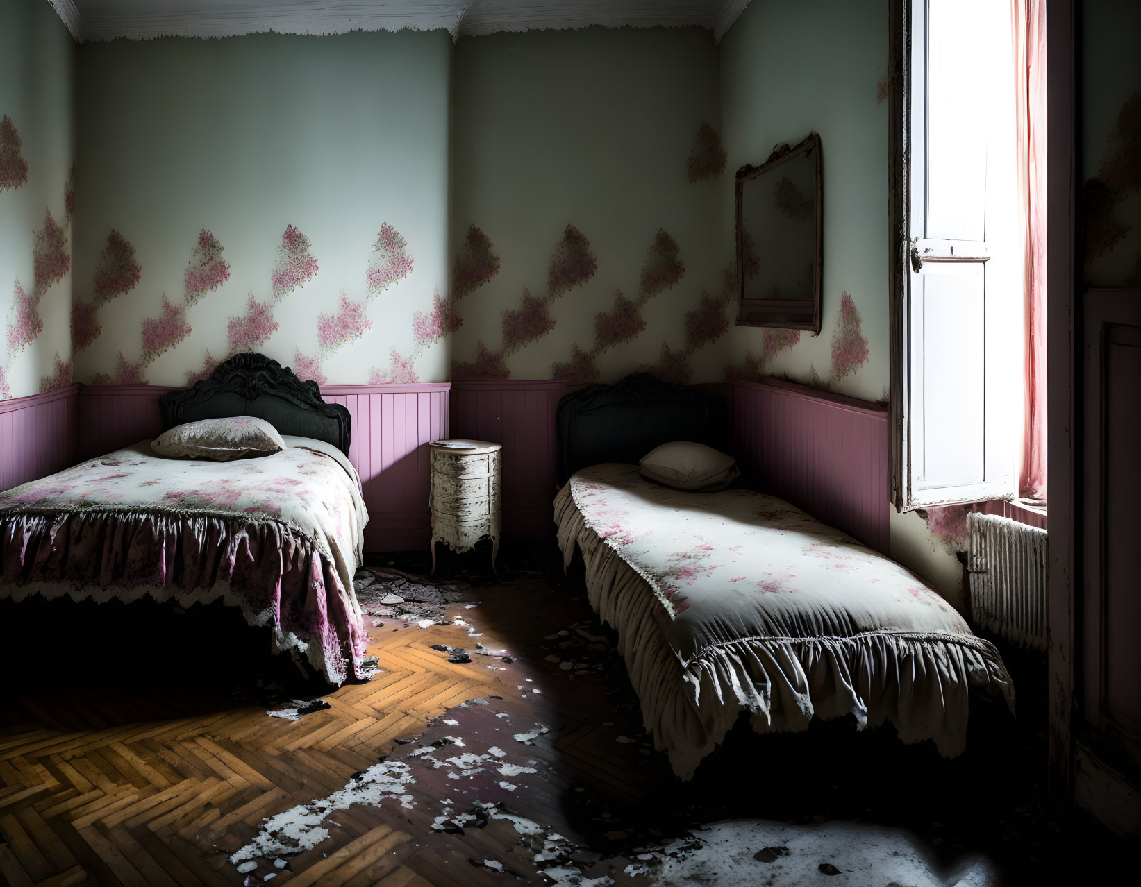 Dimly-lit room with two single beds, scattered debris, decaying walls, and partially open