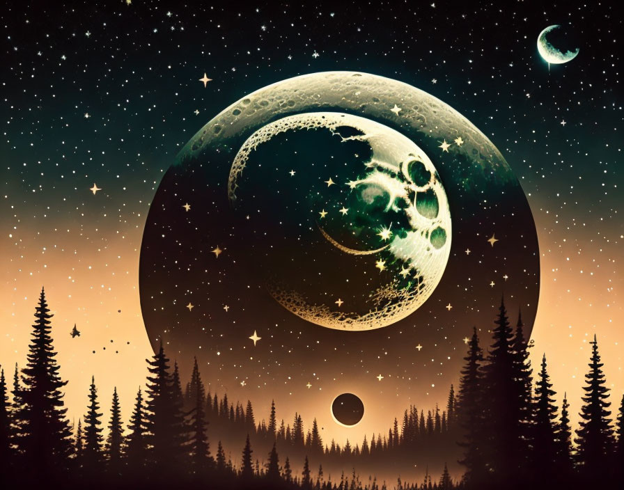 Surreal landscape with oversized moon and pine forest silhouette