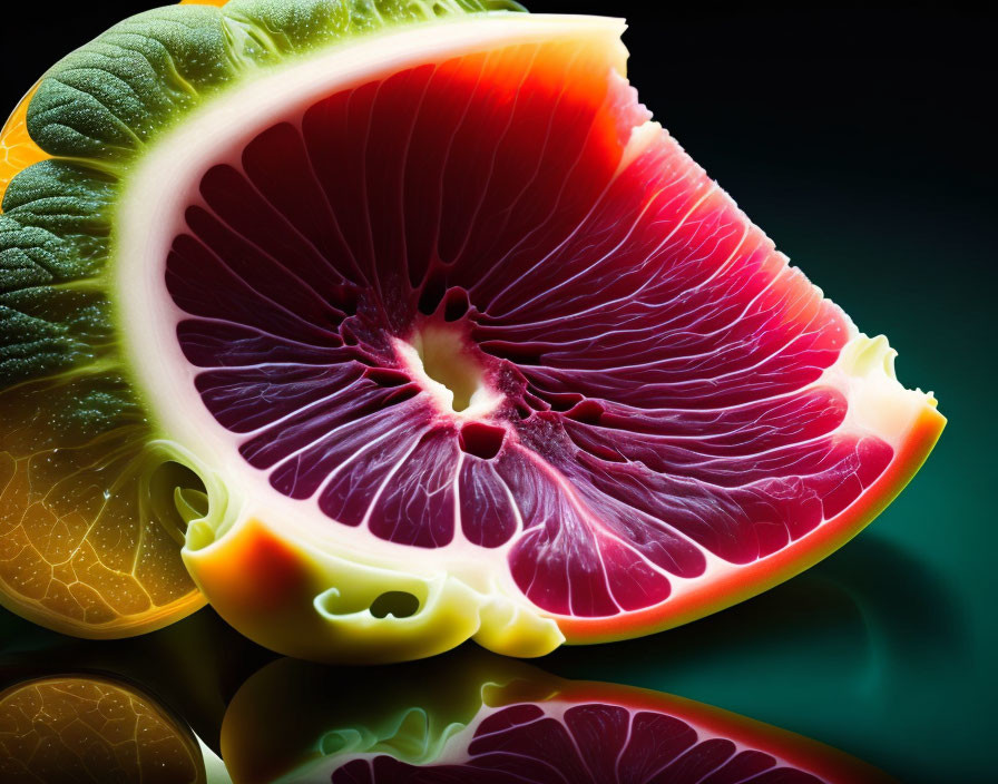 Colorful Cross-Section of Citrus Fruit on Reflective Surface