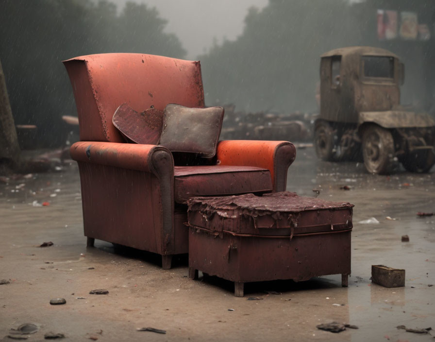 Abandoned red armchair and footstool on desolate street with rusty truck