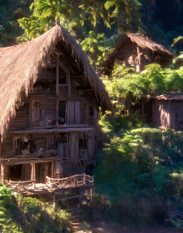 Rustic wooden huts with thatched roofs in lush forest setting