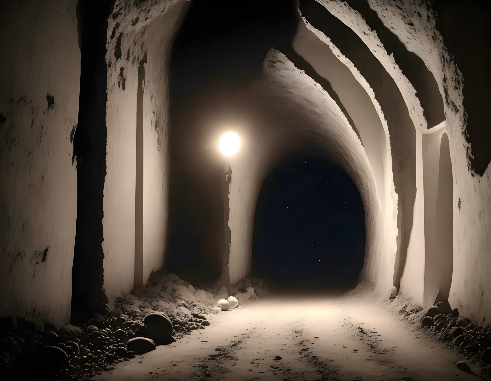 Snowy tunnel at night with warm light, stars, and snowballs