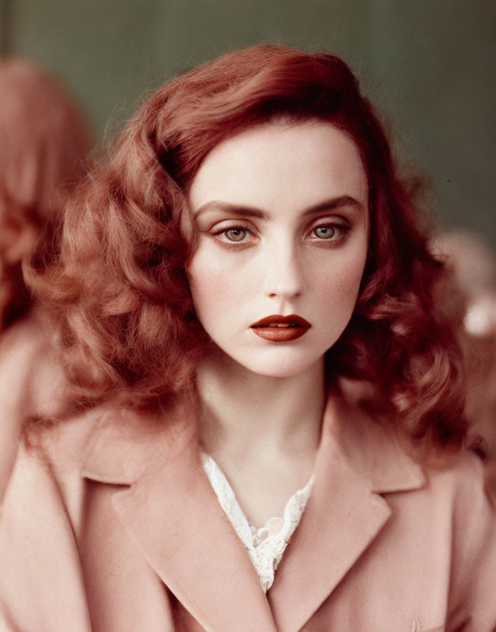 Woman with Red Wavy Hair and Blue Eyes in Peach Blazer and Lace Collar