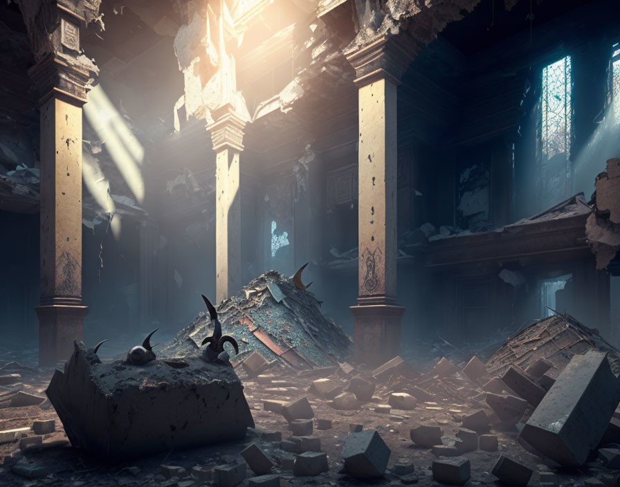 Abandoned room with debris, collapsed columns, and a helm in sunlight