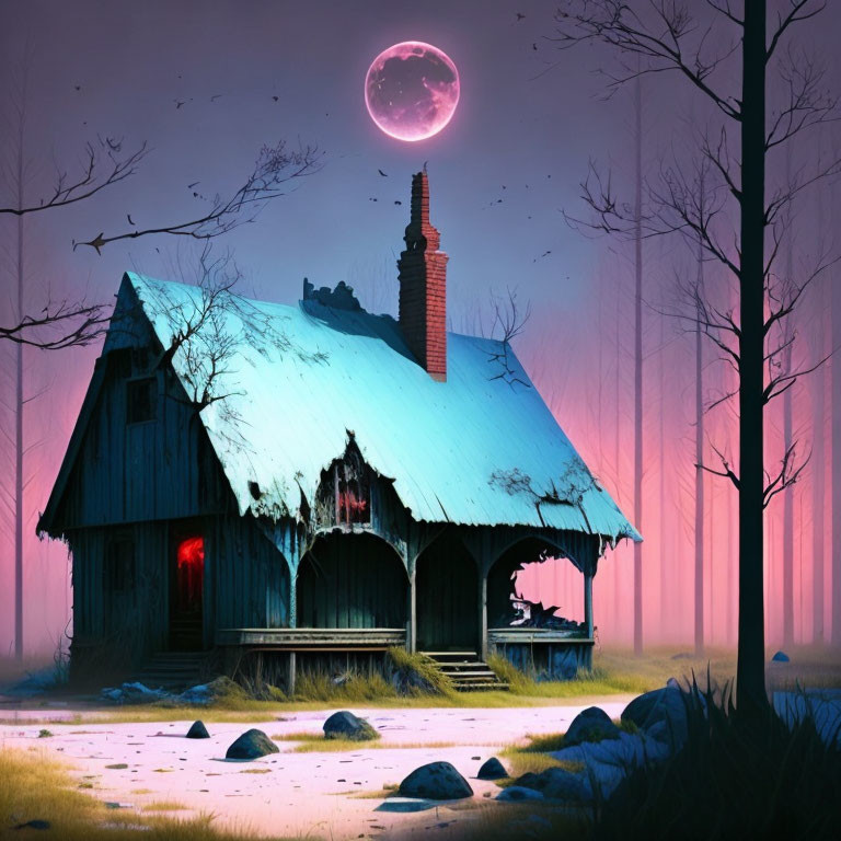 Abandoned house under pink sky with giant moon and red light