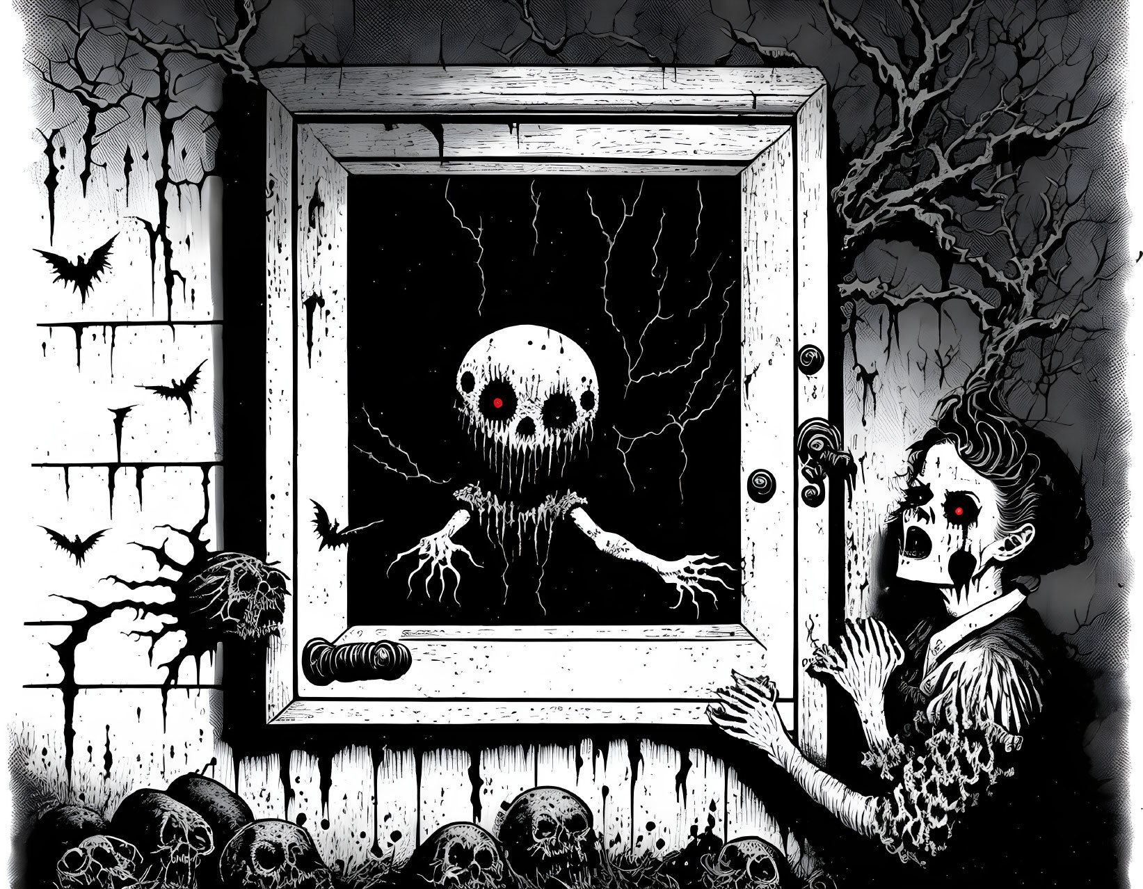 Monochrome illustration of person in mask facing ghastly figure in window