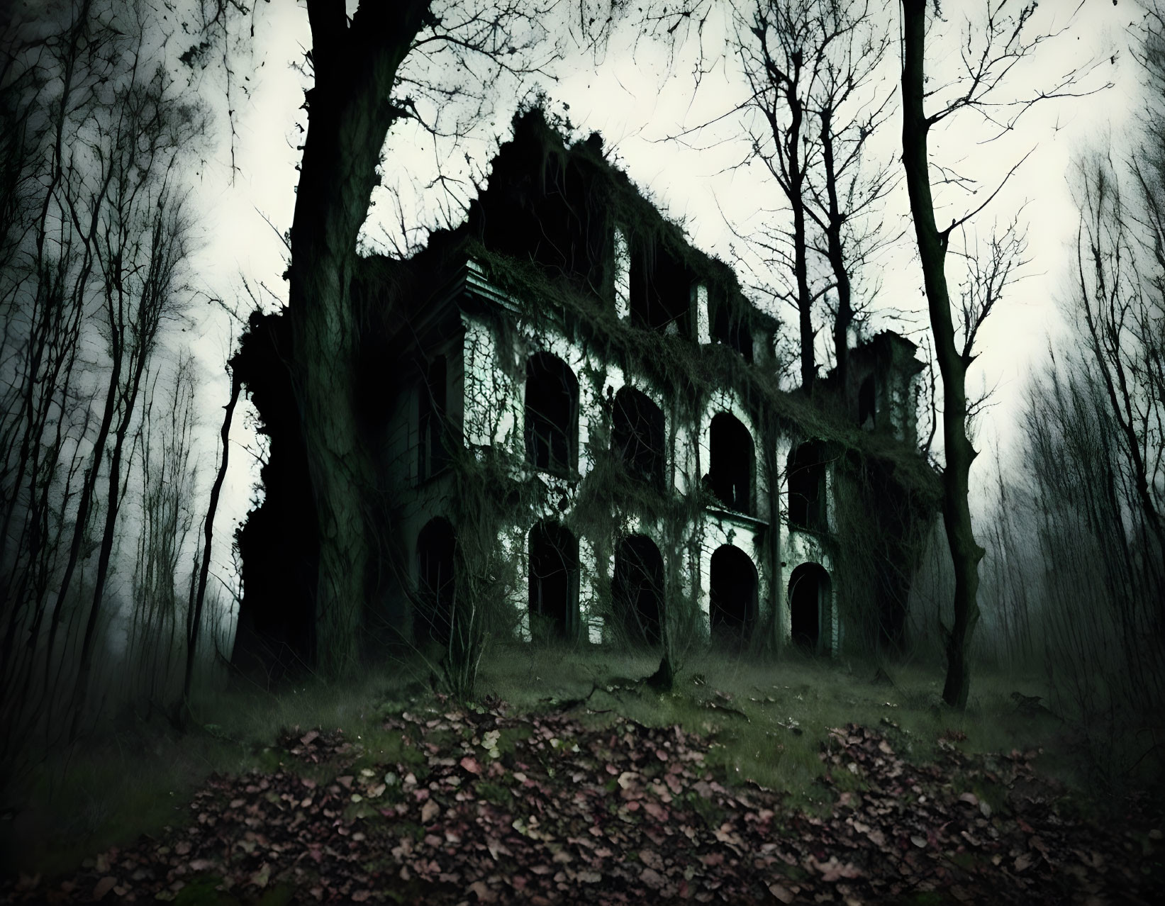 Eerie abandoned building with ivy and bare trees