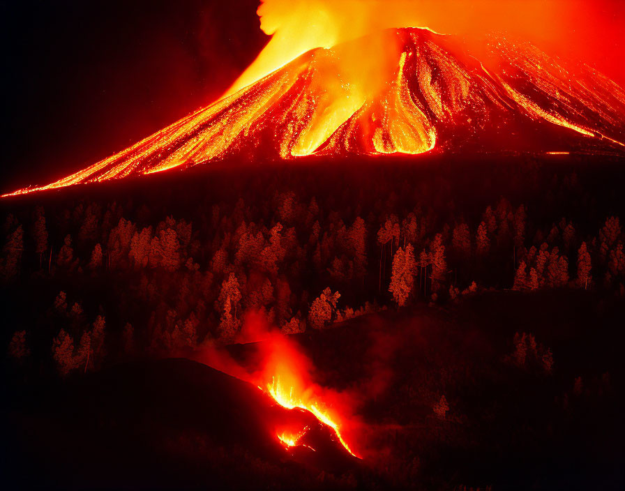 Nighttime volcanic eruption with glowing lava flows amidst dark tree landscape