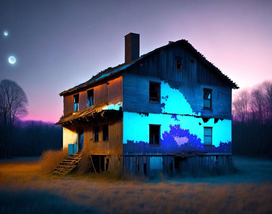 Abandoned two-story house with peeling blue paint in twilight landscape