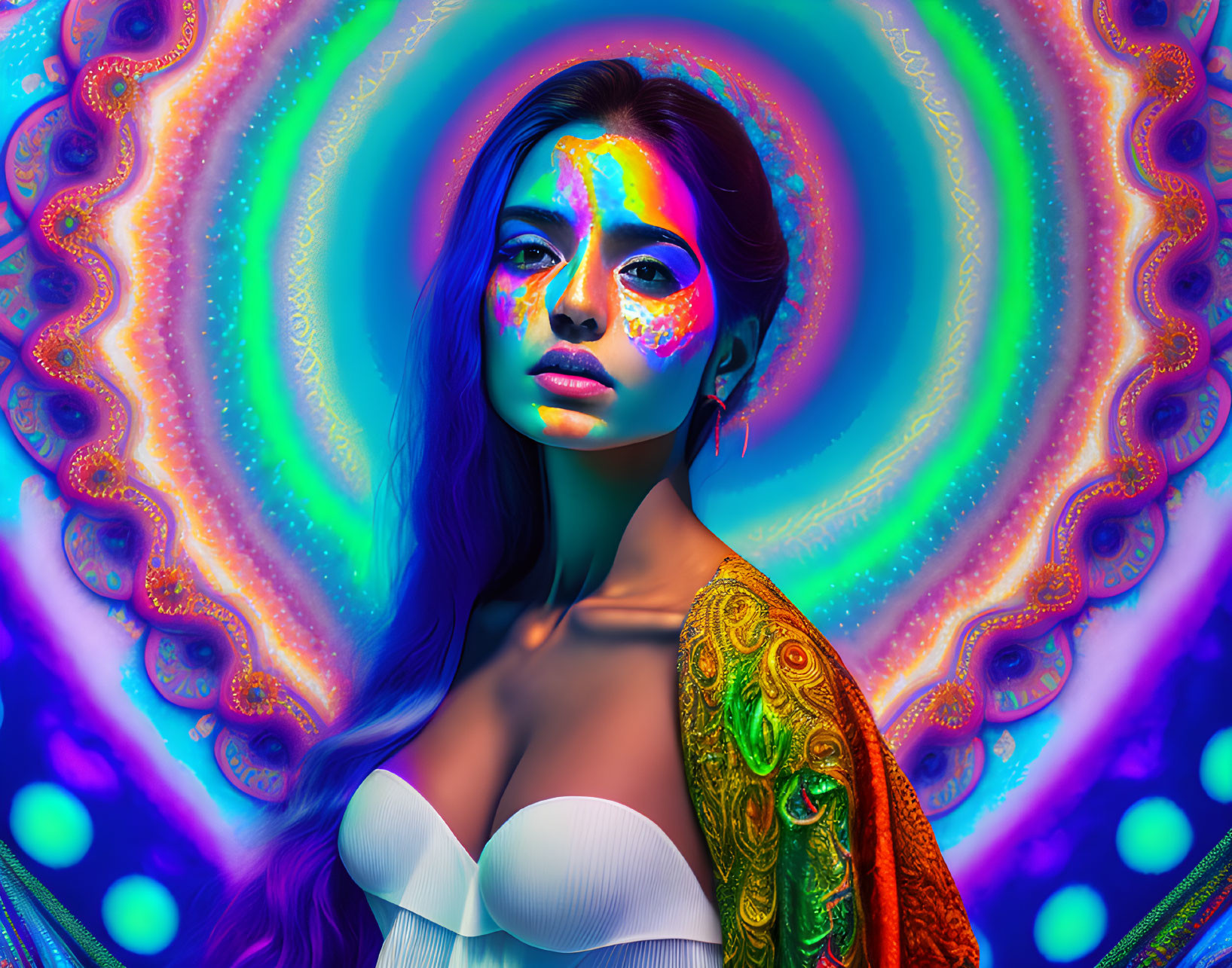 Colorful Face Paint Woman in Vibrant Shawl with Psychedelic Background