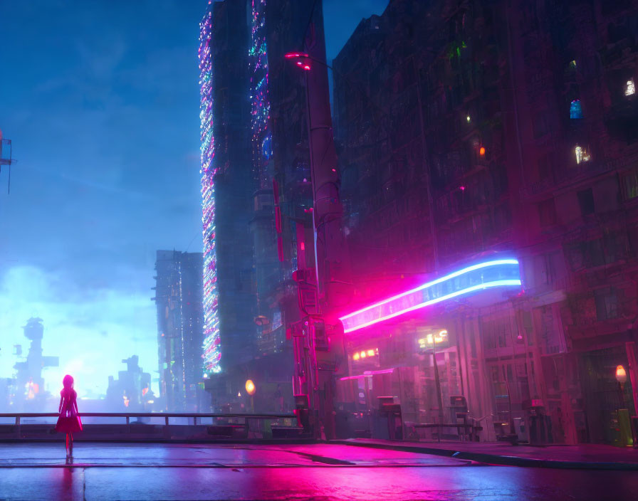 Solitary figure in red dress in neon-lit futuristic cityscape at dusk