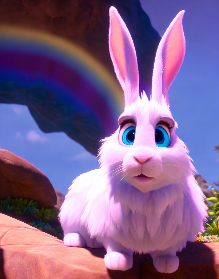 Colorful CGI Image: Fluffy White Rabbit under Rainbow