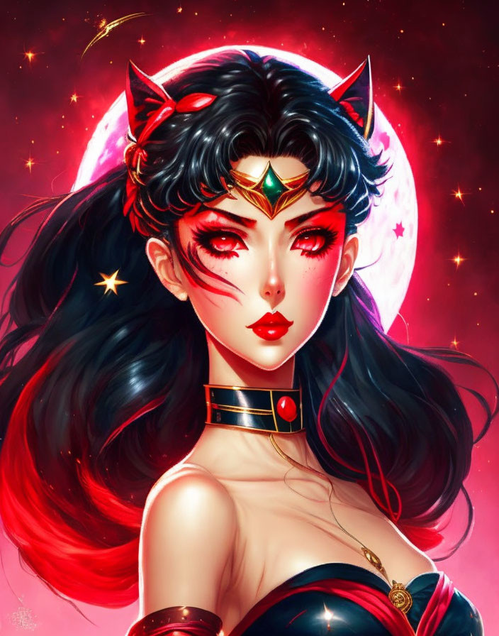 Woman with Black Hair, Red Eyes, Cat Ears, Crescent Moon, Stars, Sailor Moon Out