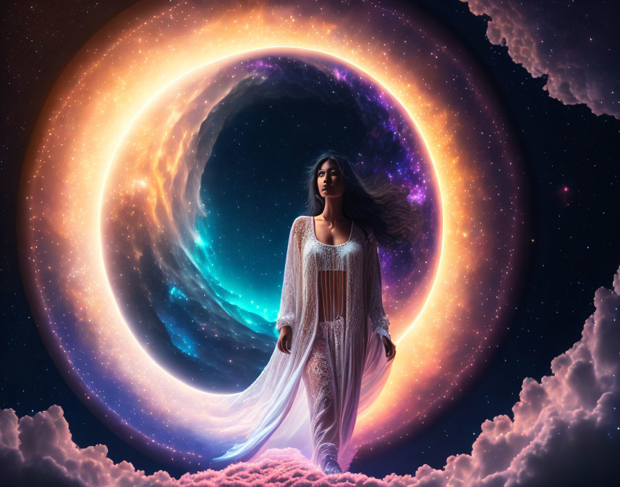 Woman in white dress against cosmic backdrop with ring-shaped nebula.