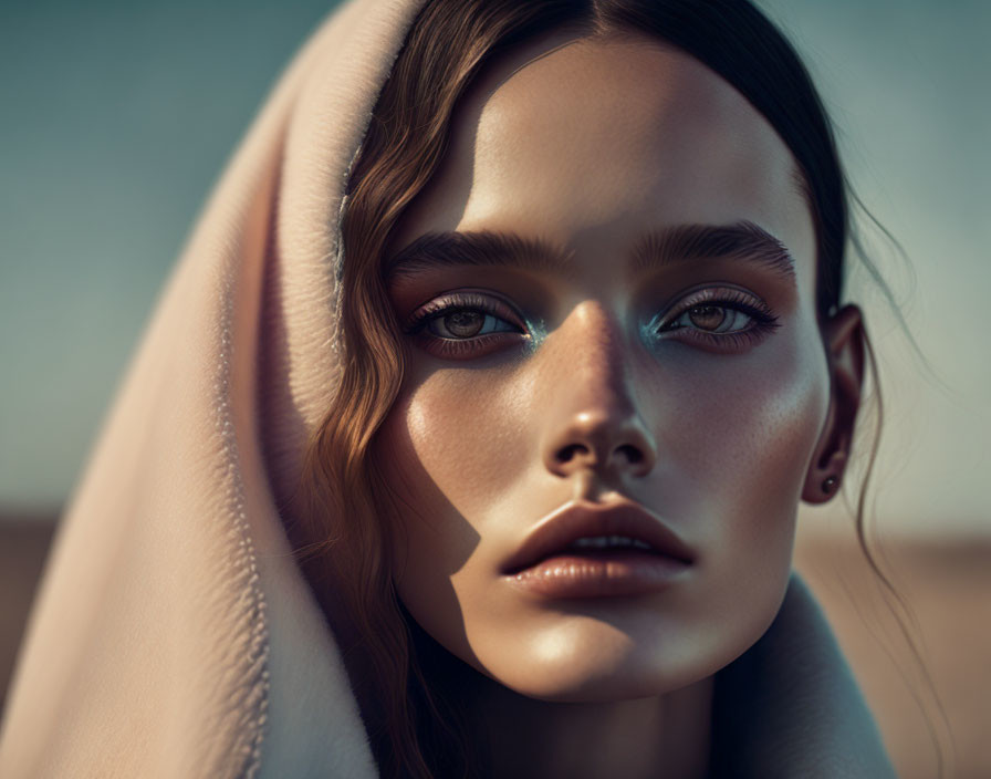 Close-up portrait of a woman with striking blue eyes and draped beige fabric.