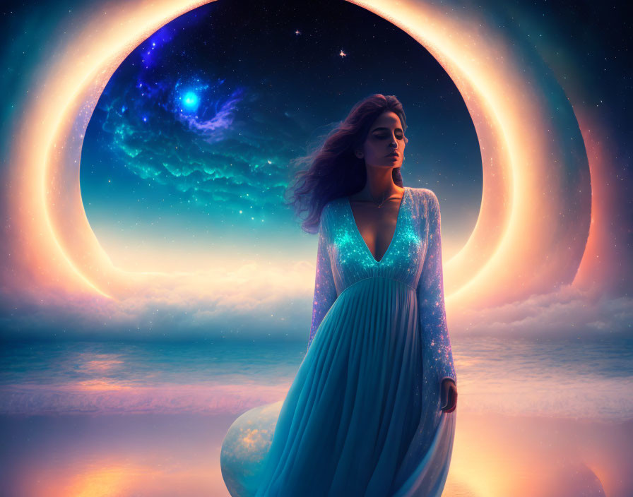 Starry dress woman near cosmic portal with nebulae and stars